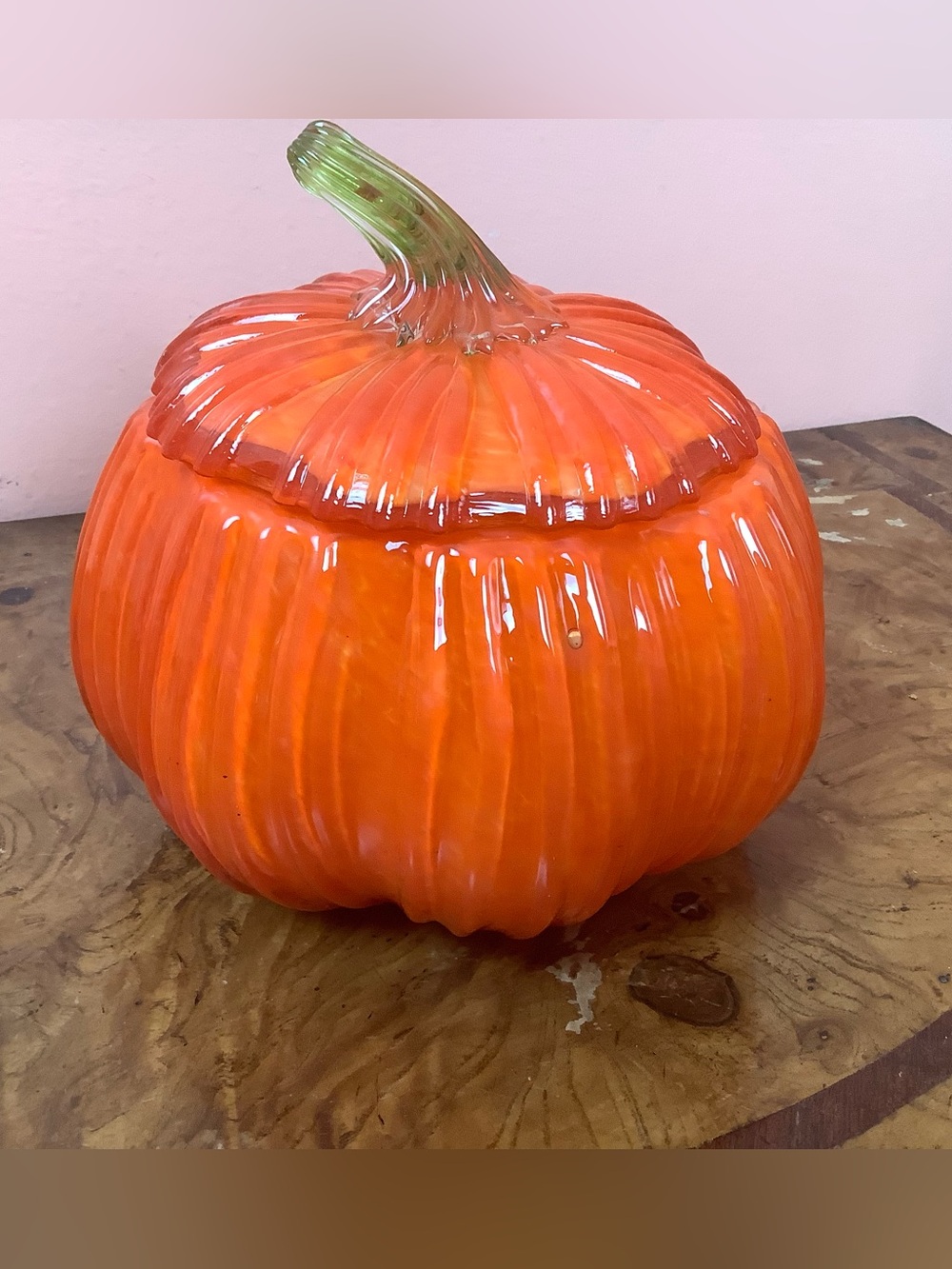 Teleflora Cased Glass Pumpkin Orange Ribbed Candy Dish Lid Halloween Fall